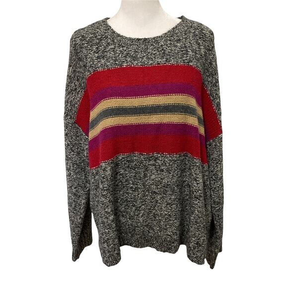 Vince Camuto Marbled Gray Sweater NEW Size L Tulip Red Colorblock Striped Cotton - Picture 1 of 9